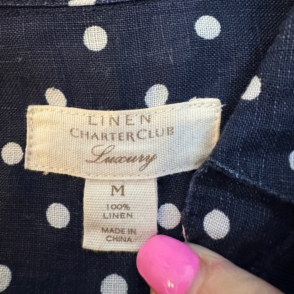 Charter Club Womens Linen Button Up Shirt M Blue Roll Tab Polka Dot Coastal - Picture 4 of 8